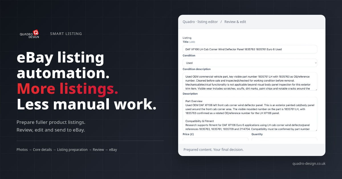 Quadro Smart Listing eBay listing editor preview